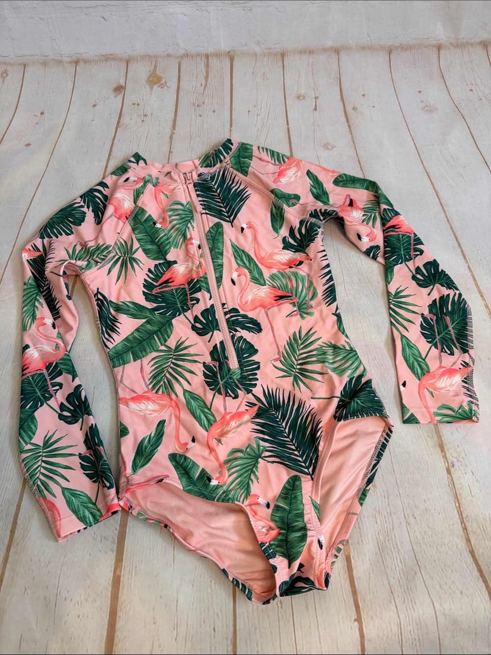 Old Navy Girls' Pink Flamingo & Green Leaf Long-Sleeve One-Piece Swimsuit